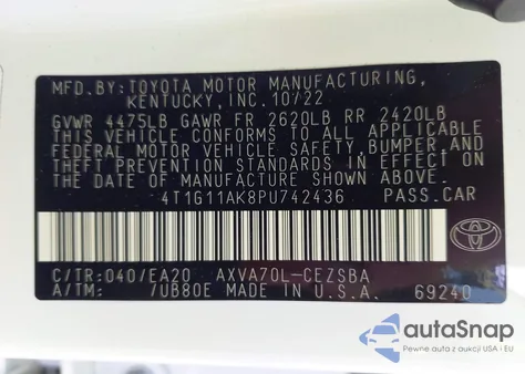 2023 Toyota Camry Se z USA, uszkodzony, nr VIN 4T1G11AK8PU742436